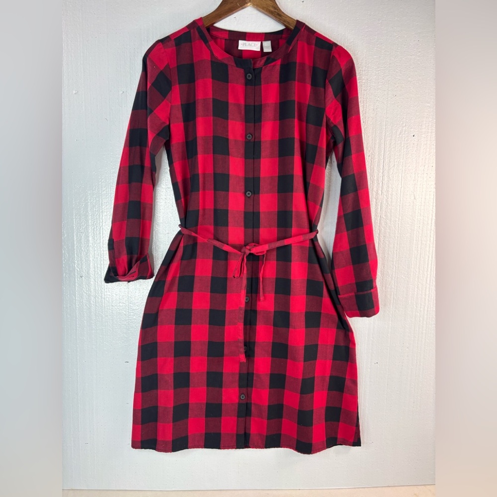 Place XS Women's Cotton Long Sleeve Buffalo Check Mini Shirt Dress - Red n Black